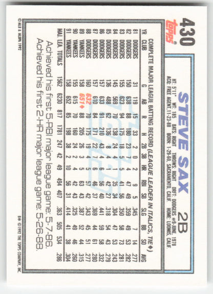 1992 Topps #430 Steve Sax New York Yankees 1528