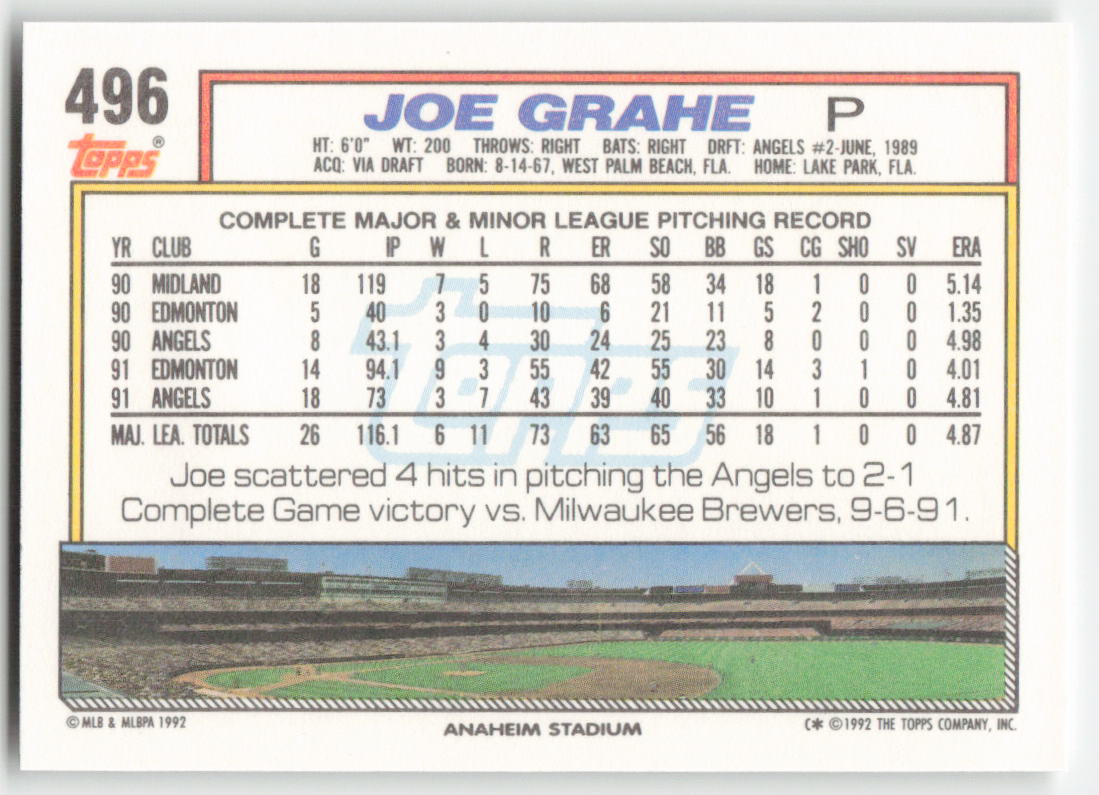 1992 Topps #496 Joe Grahe California Angels 1529
