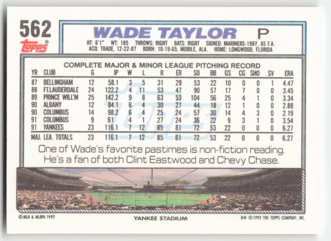 1992 Topps #562 Wade Taylor New York Yankees 1530