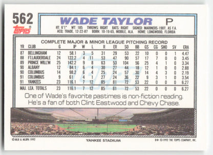 1992 Topps #562 Wade Taylor New York Yankees 1530