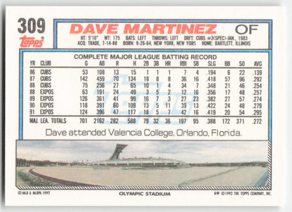 1992 Topps #309 Dave Martinez Montreal Expos 1532