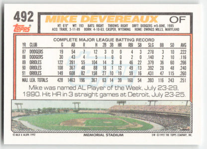 1992 Topps #492 Mike Devereaux Baltimore Orioles 1534