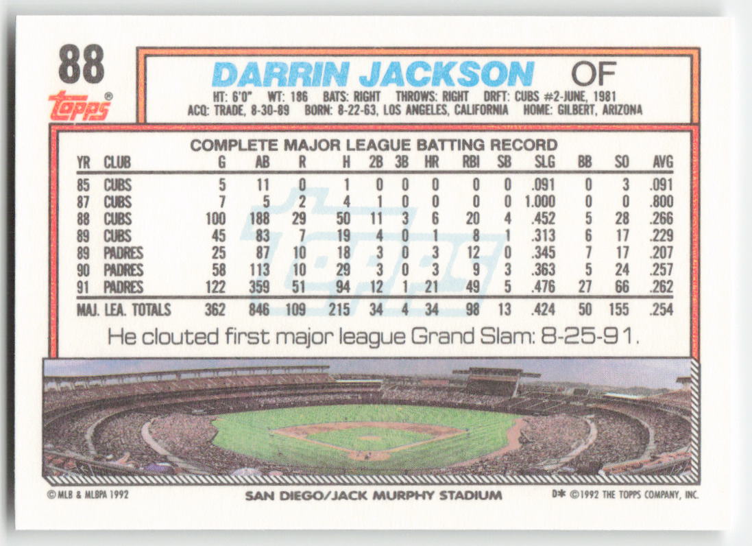 1992 Topps #88 Darrin Jackson San Diego Padres 1535