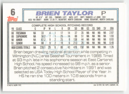 1992 Topps #6 Brien Taylor New York Yankees Rookie 1536