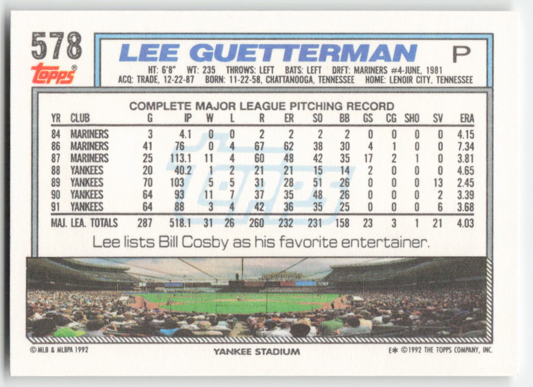 1992 Topps #578 Lee Guetterman New York Yankees 1537