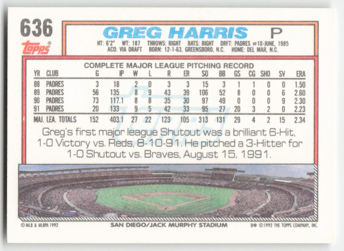 1992 Topps #636 Greg Harris San Diego Padres 1538