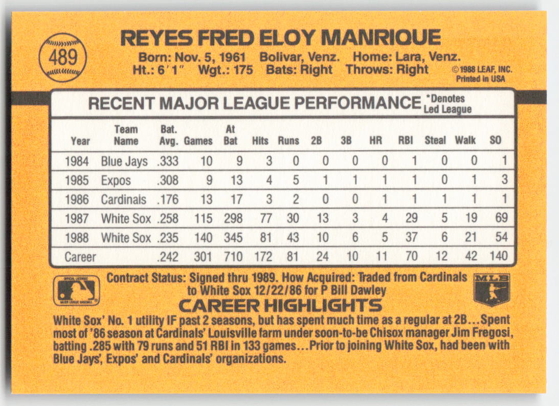 1989 Donruss #489 Fred Manrique Chicago White Sox 1541