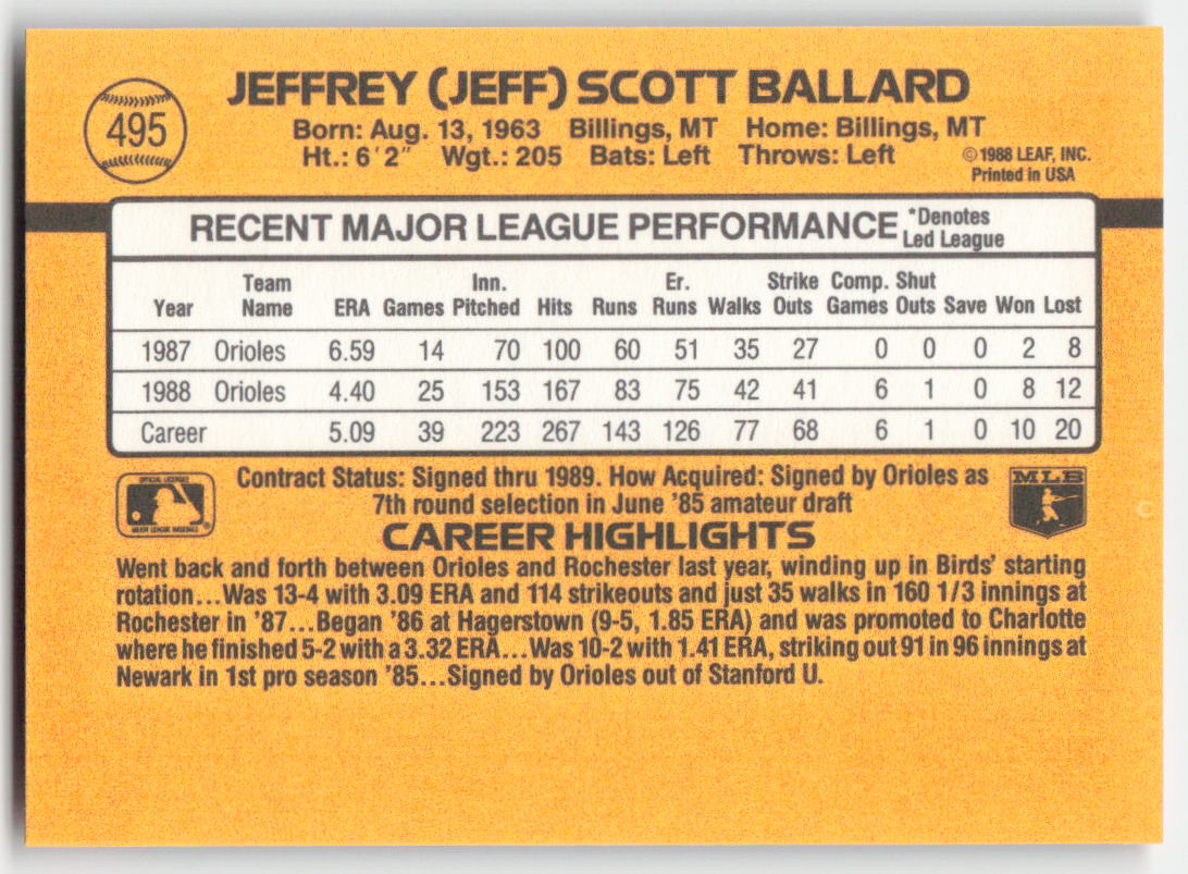 1989 Donruss #495 Jeff Ballard Baltimore Orioles 1542