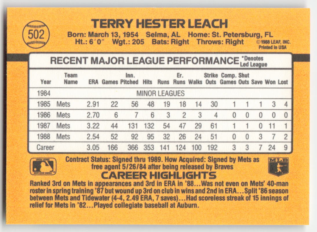 1989 Donruss #502 Terry Leach New York Mets 1543