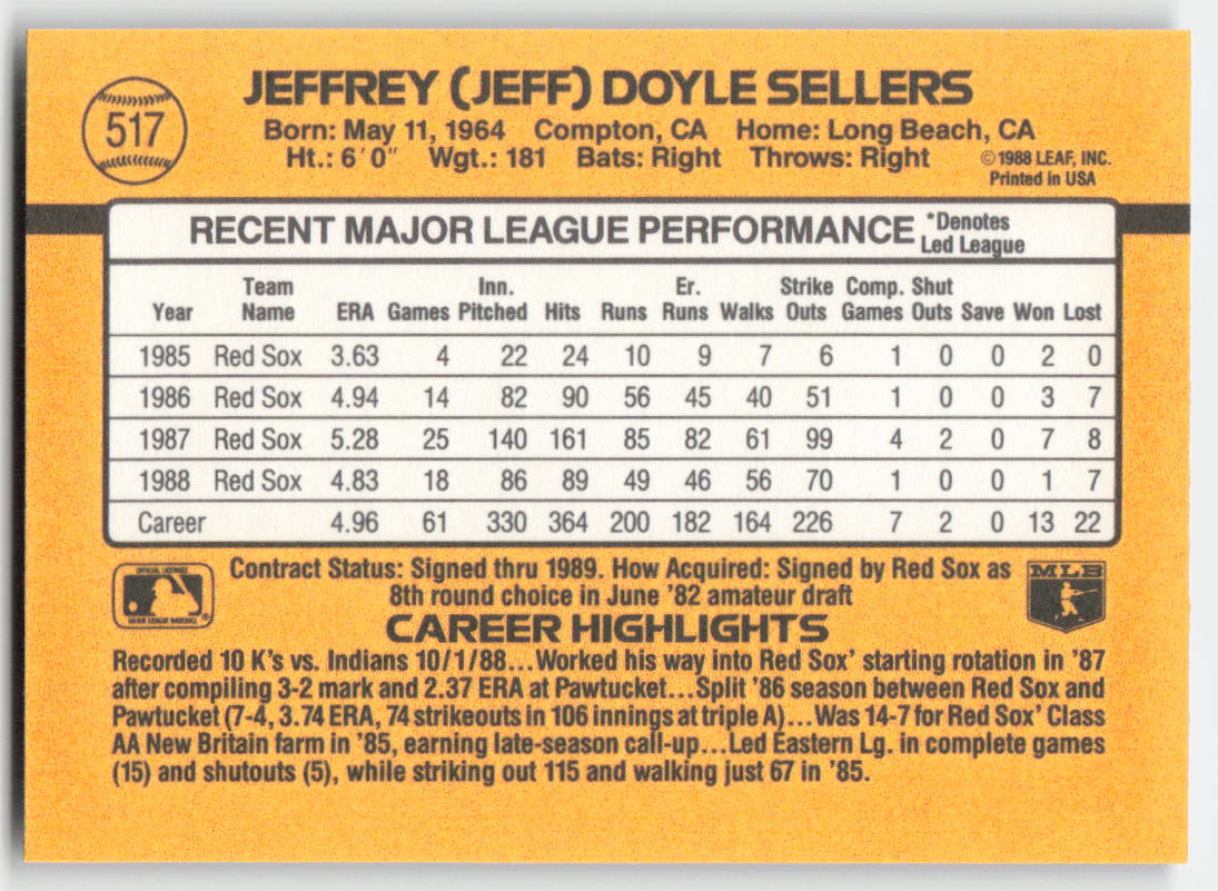 1989 Donruss #517 Jeff Sellers Boston Red Sox 1546