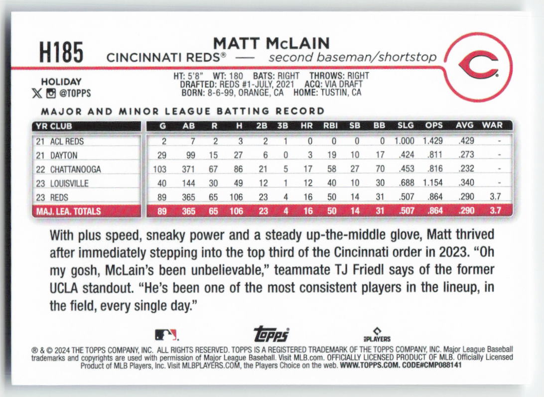 2024 Topps Holiday #H185 Matt McLain Cincinnati Reds 1555