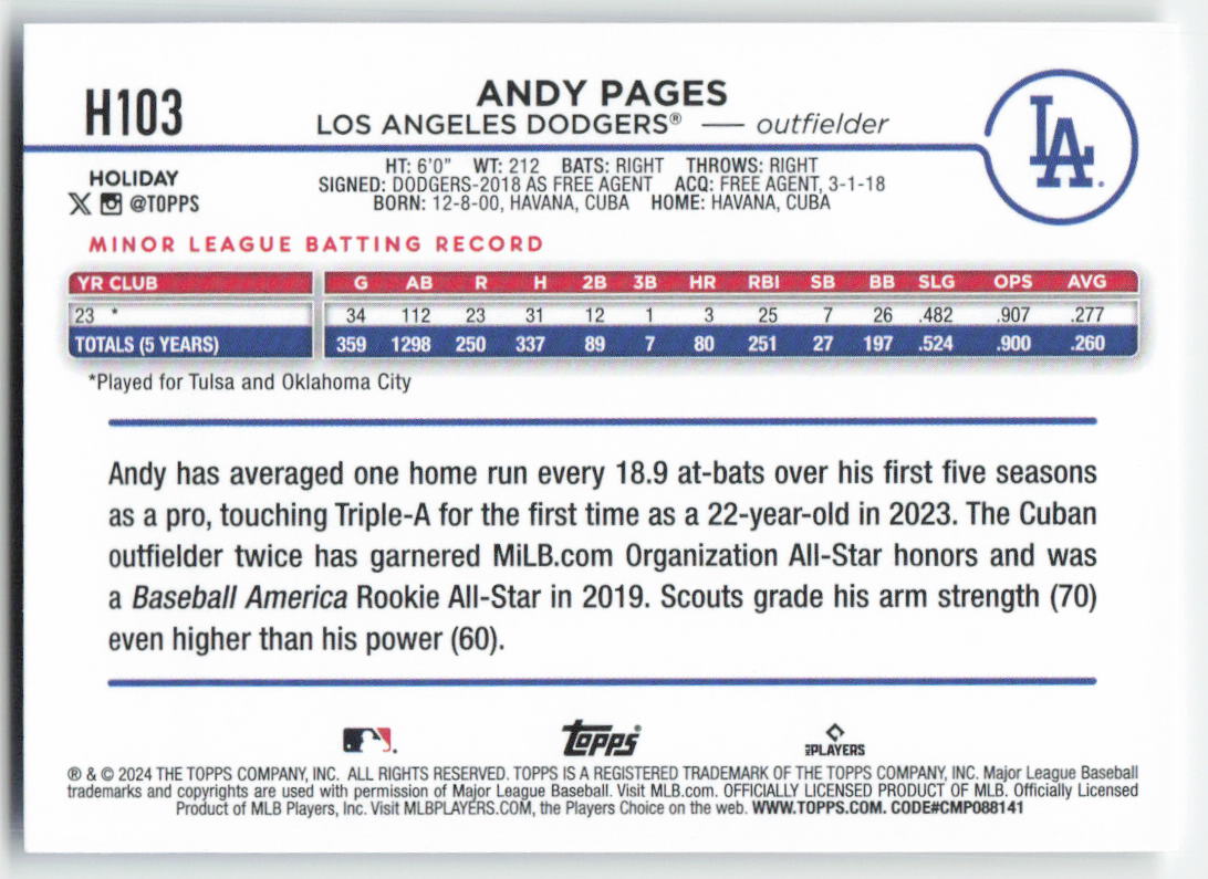 2024 Topps Holiday #H103 Andy Pages Los Angeles Dodgers Rookie 1559
