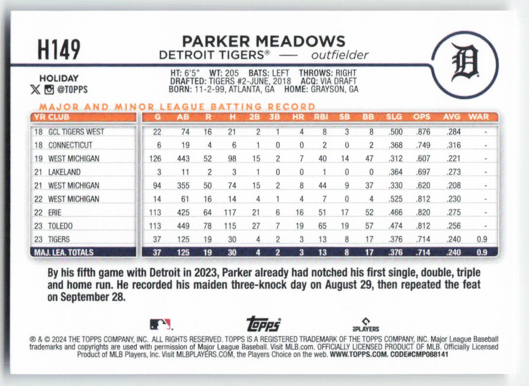 2024 Topps Holiday #H149 Parker Meadows Detroit Tigers Rookie 1563