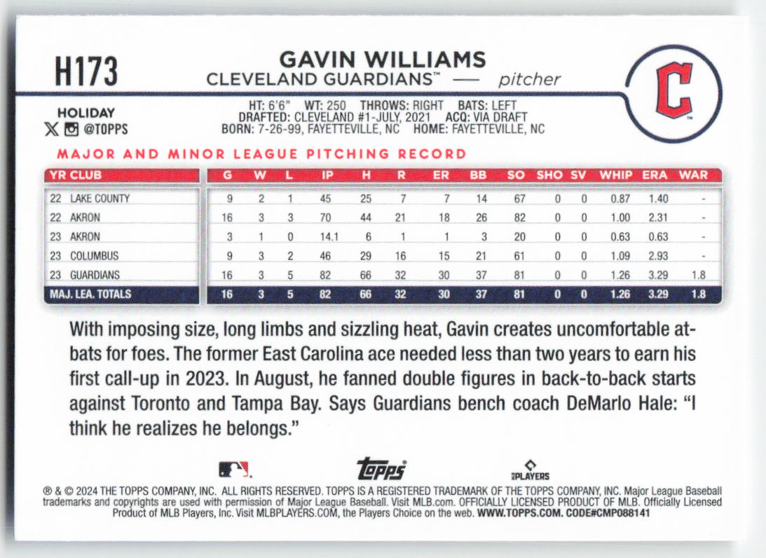 2024 Topps Holiday #H173 Gavin Williams Cleveland Guardians Rookie 1564