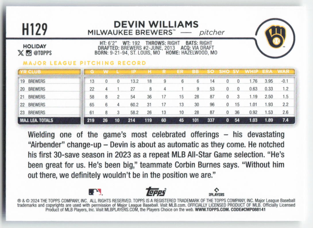 2024 Topps Holiday #H129 Devin Williams Milwaukee Brewers 1568