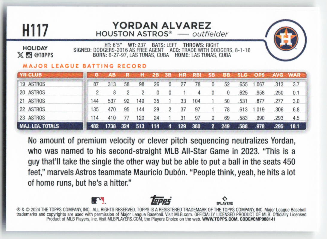 2024 Topps Holiday #H117 Yordan Alvarez Houston Astros 1572