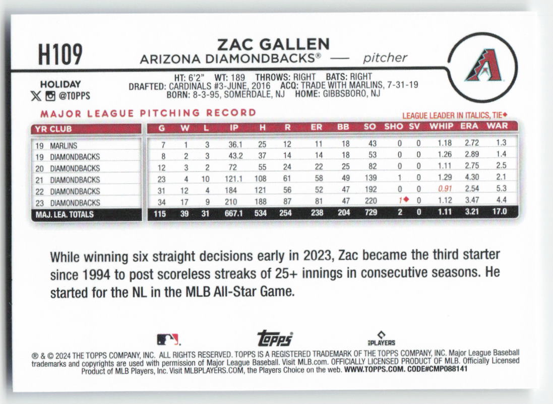 2024 Topps Holiday #H109 Zac Gallen Arizona Diamondbacks 1576
