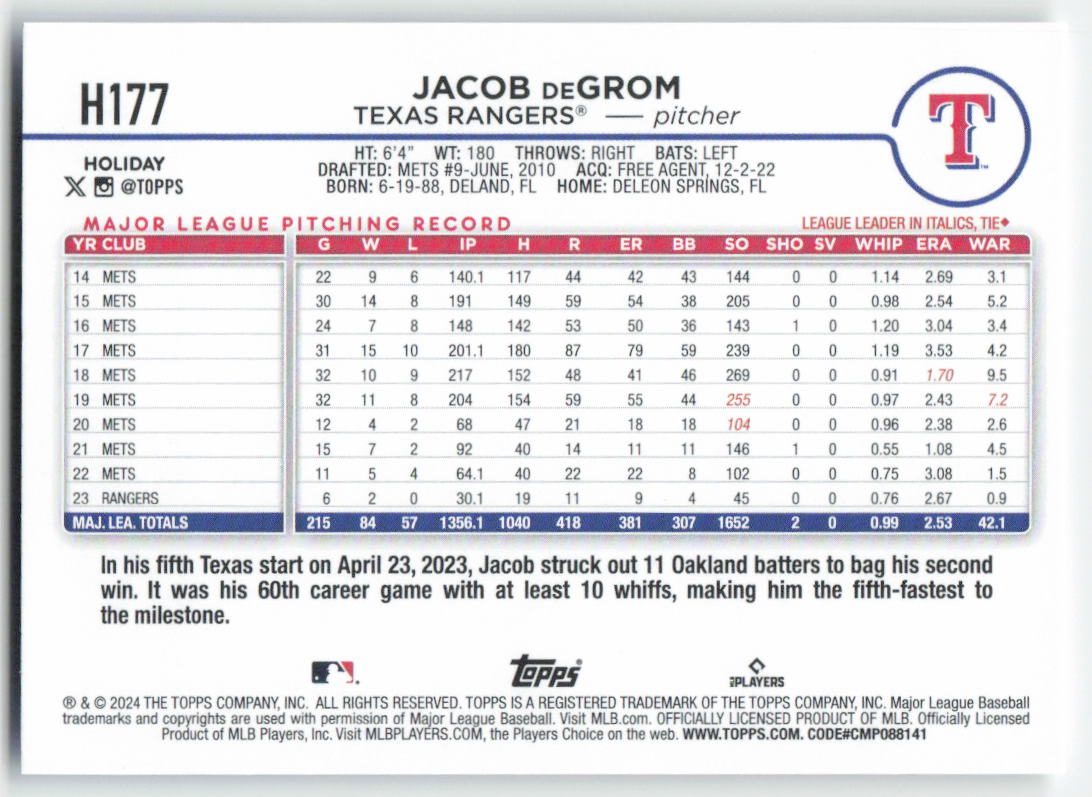 2024 Topps Holiday #H177 Jacob deGrom Texas Rangers 1581