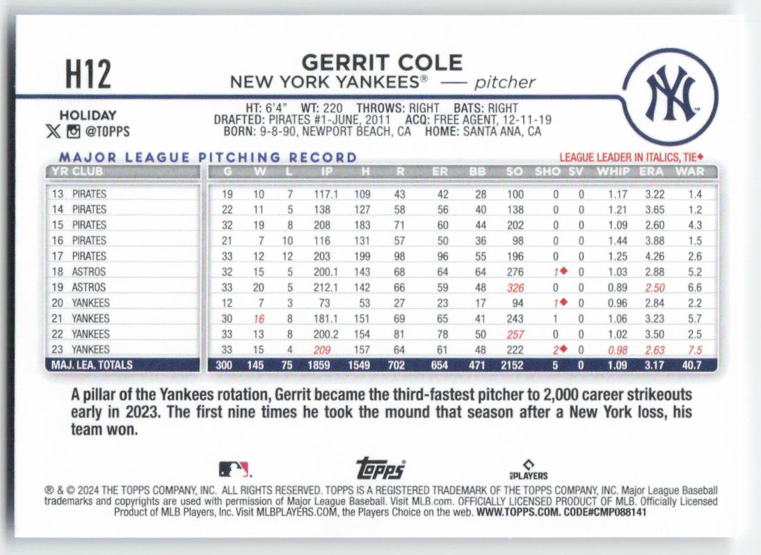 2024 Topps Holiday #H12 Gerrit Cole New York Yankees 1584