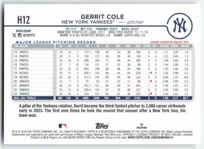 2024 Topps Holiday #H12 Gerrit Cole New York Yankees 1584