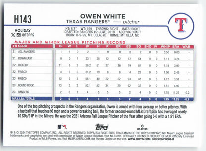 2024 Topps Holiday #H143 Owen White Texas Rangers Rookie 1596