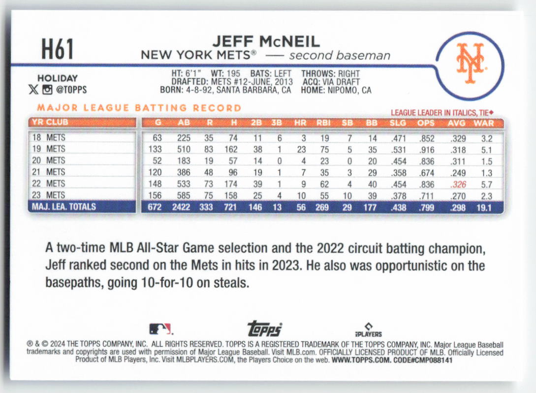 2024 Topps Holiday #H61 Jeff McNeil New York Mets 1598
