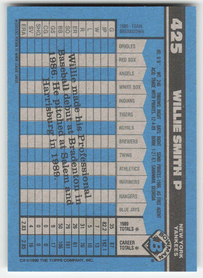 1990 Bowman #425 Willie Smith New York Yankees Rookie 1602