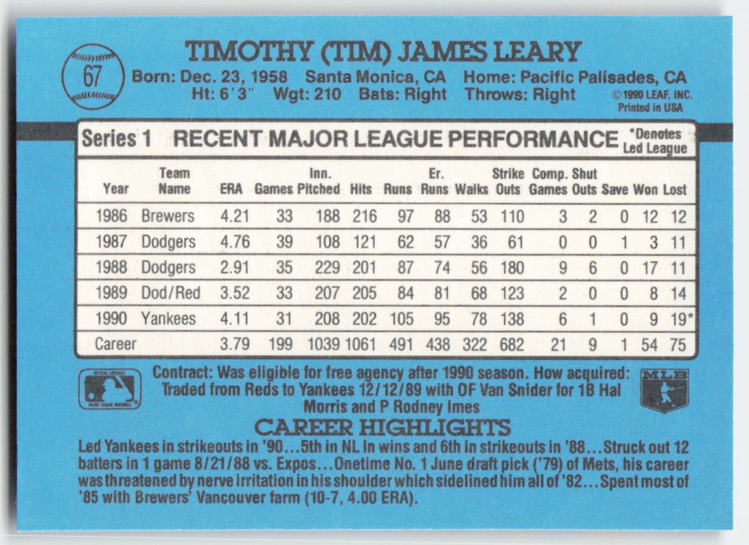 1991 Donruss #67 Tim Leary New York Yankees 1612