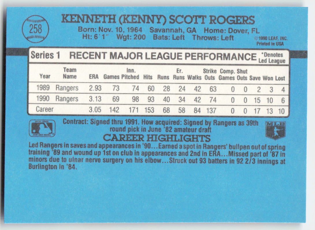 1991 Donruss #258 Kenny Rogers Texas Rangers 1618