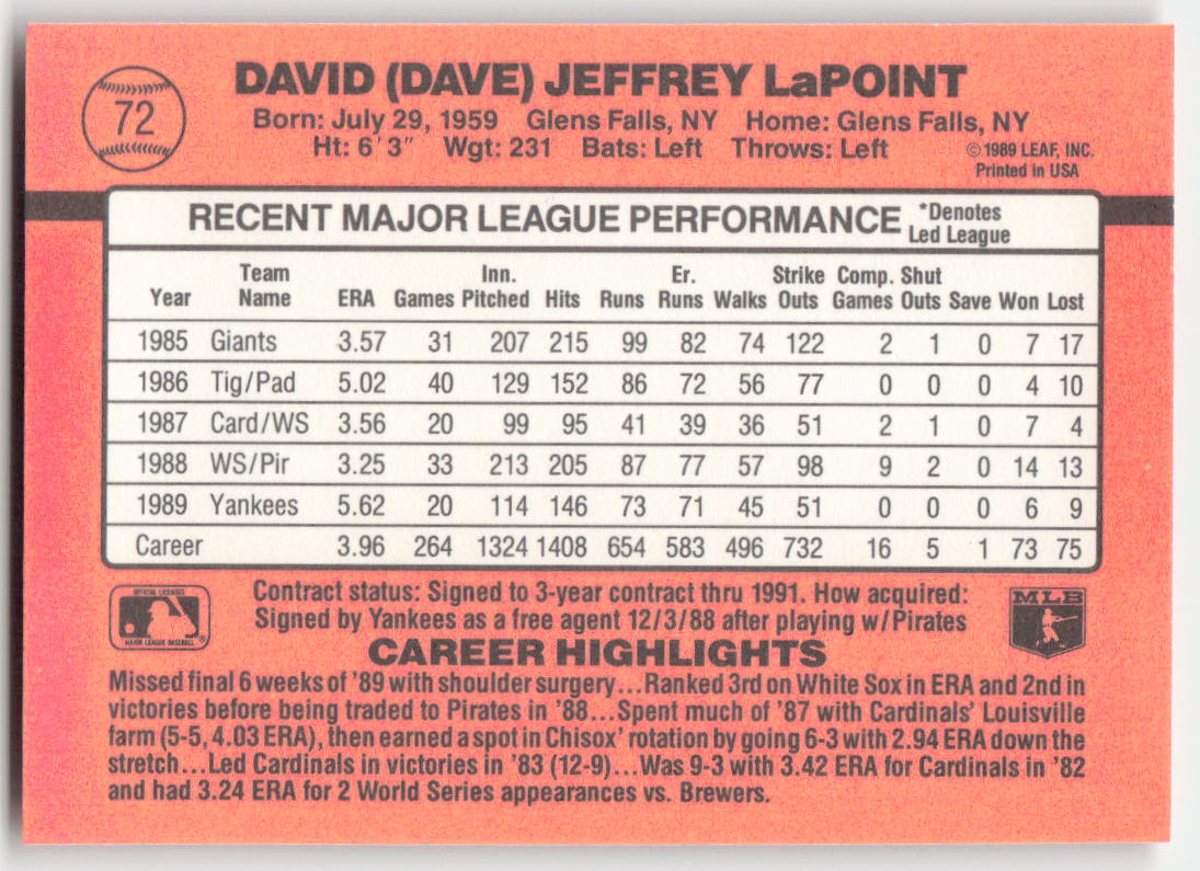1990 Donruss #72 Dave LaPoint New York Yankees 1626