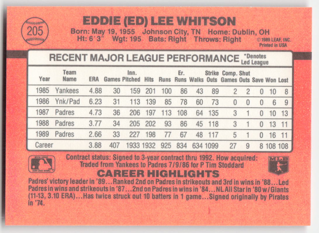 1990 Donruss #205 Ed Whitson San Diego Padres 1629