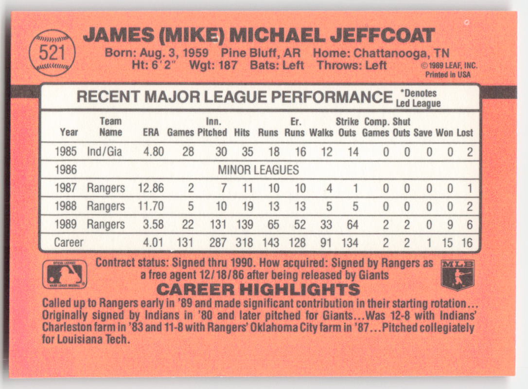 1990 Donruss #521 Mike Jeffcoat Texas Rangers 1644