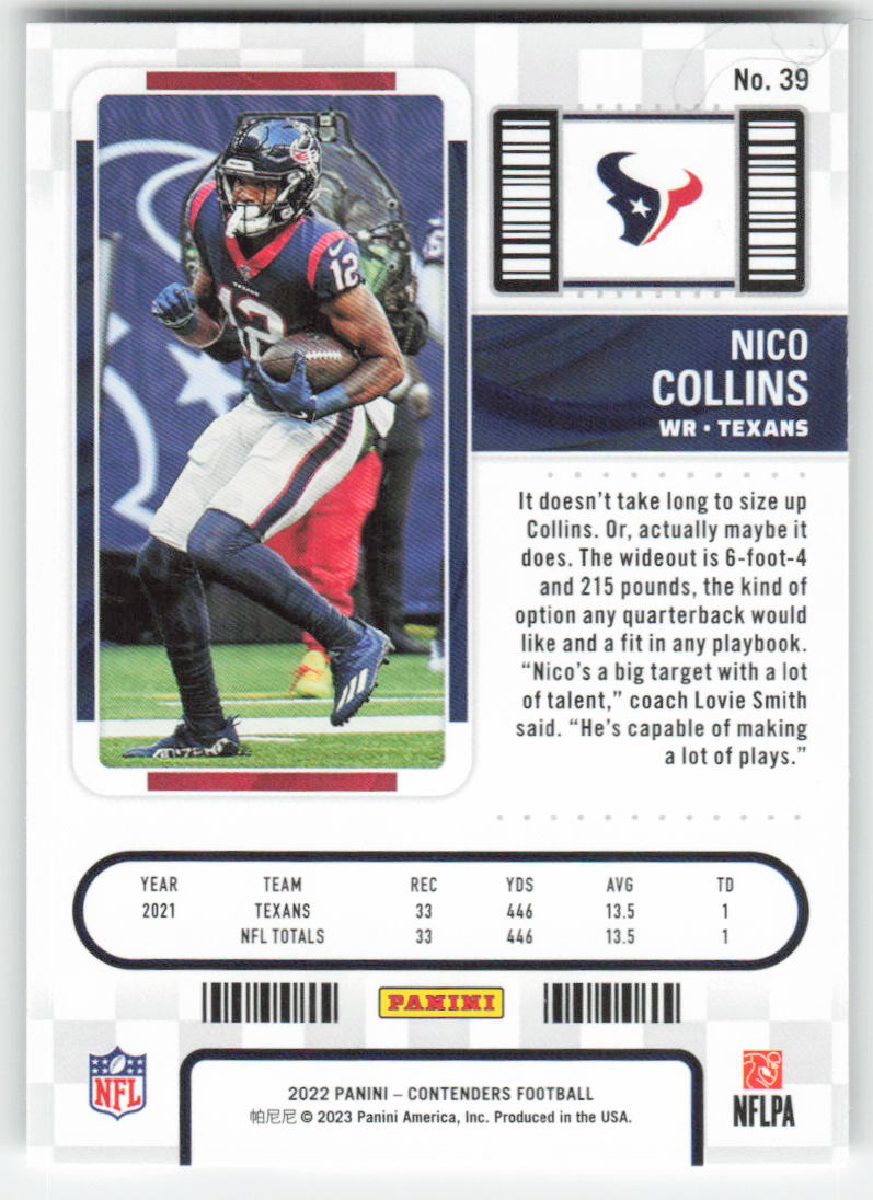 2022 Panini Contenders #39 Nico Collins Houston Texans 1659