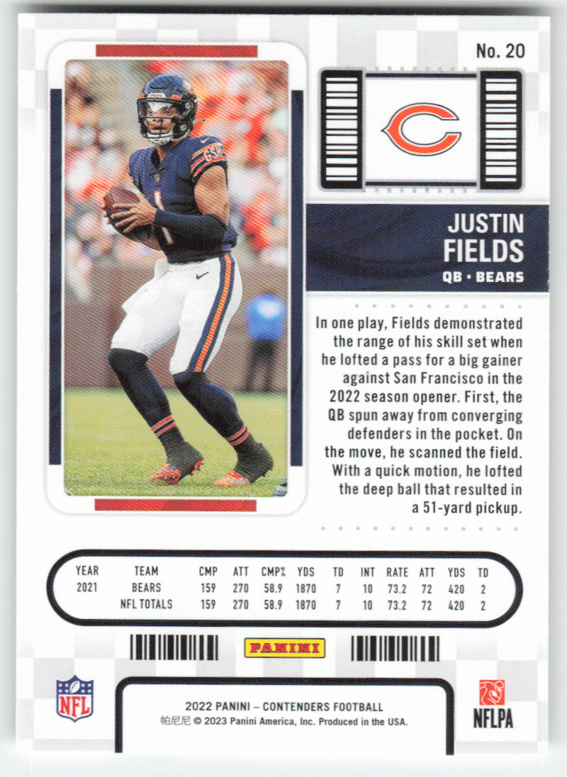 2022 Panini Contenders #20 Justin Fields Chicago Bears 1666