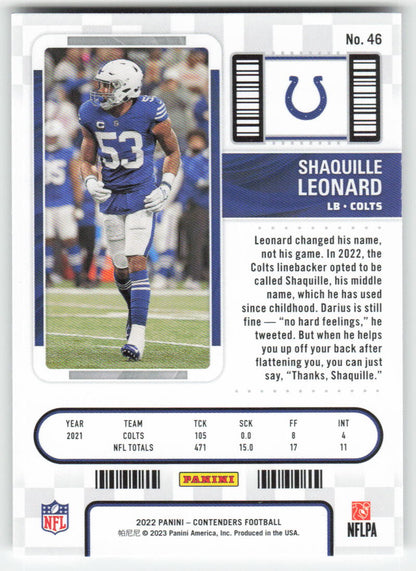 2022 Panini Contenders #46 Shaquille Leonard Indianapolis Colts 1669