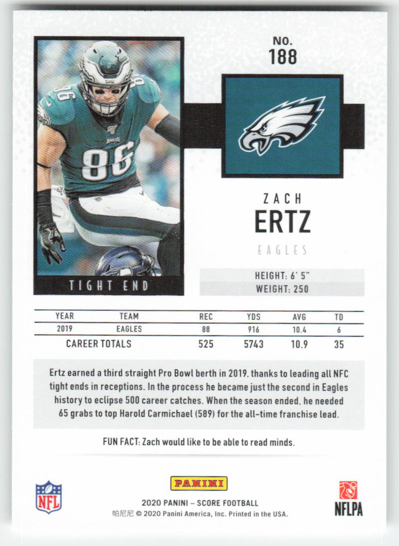 2020 Score #188 Zach Ertz Philadelphia Eagles 1682