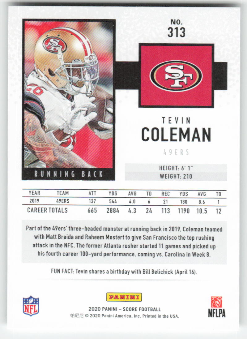 2020 Score #313 Tevin Coleman San Francisco 49ers 1688