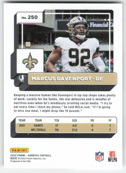 2022 Donruss #250 Marcus Davenport New Orleans Saints 1693