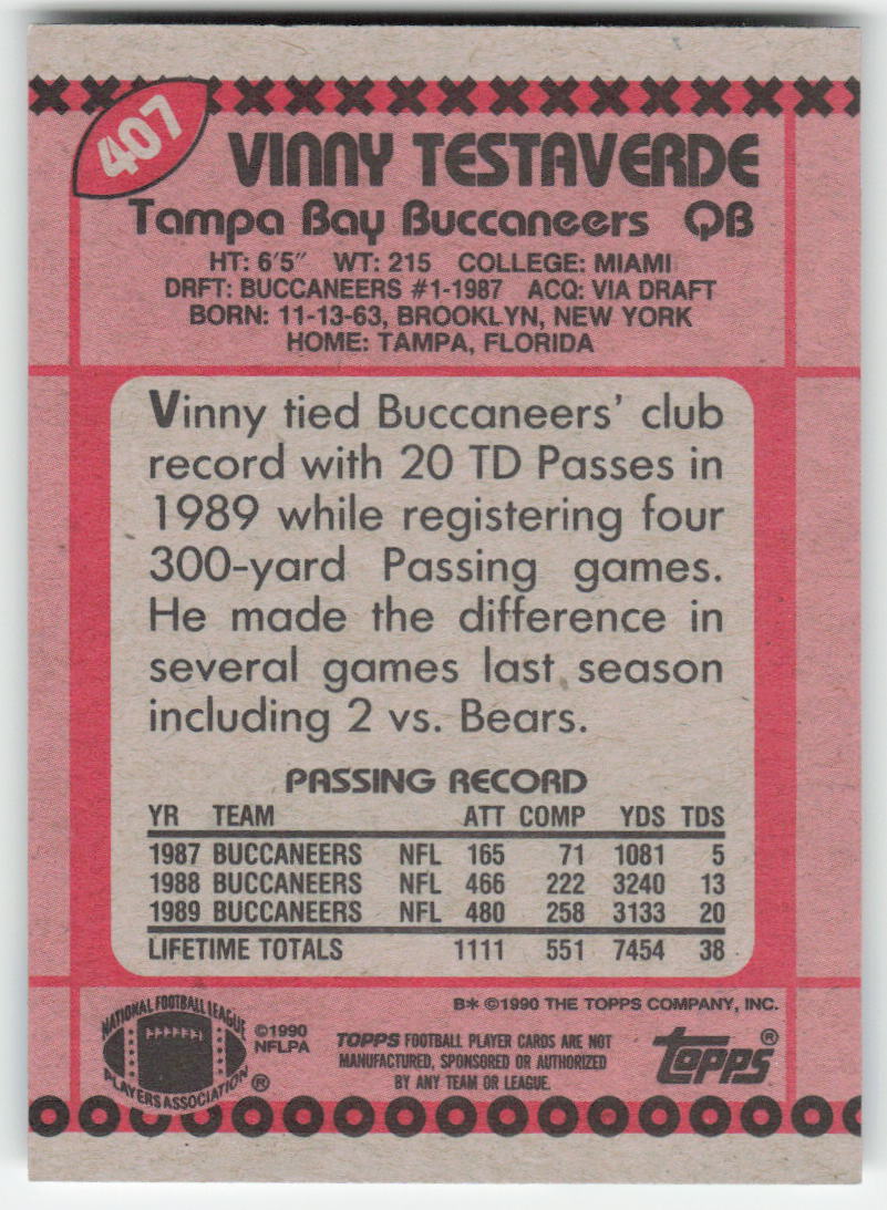 1990 Topps #407 Vinny Testaverde Tampa Bay Buccaneers FB1-57
