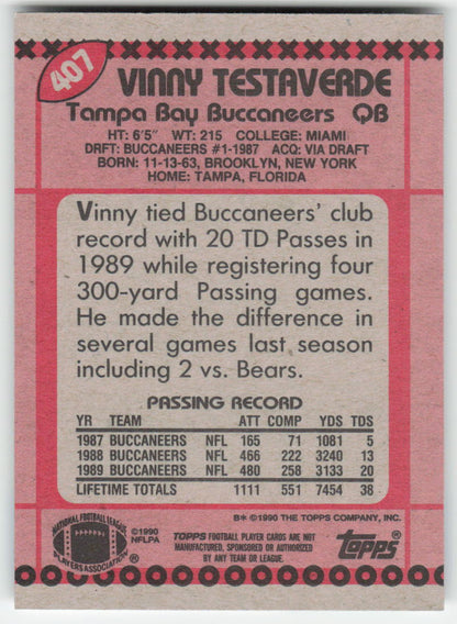 1990 Topps #407 Vinny Testaverde Tampa Bay Buccaneers FB1-57