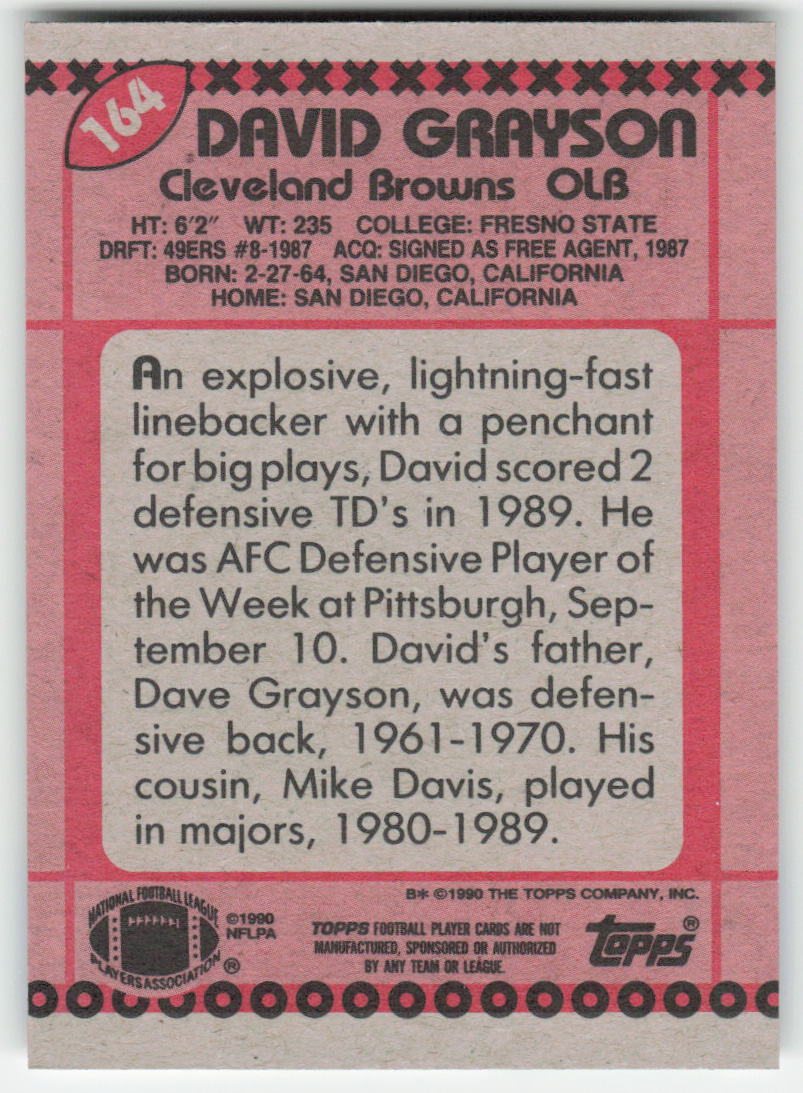 1990 Topps #164 David Grayson Cleveland Browns Rookie FB1-58