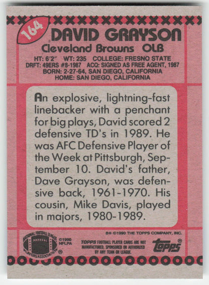 1990 Topps #164 David Grayson Cleveland Browns Rookie FB1-58