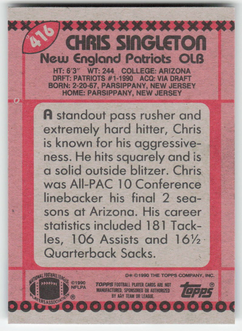1990 Topps #416 Chris Singleton New England Patriots Rookie FB1-59