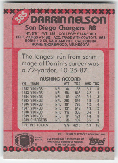 1990 Topps #385 Darrin Nelson San Diego Chargers FB1-61