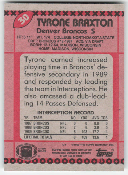 1990 Topps #30 Tyrone Braxton Denver Broncos FB1-63
