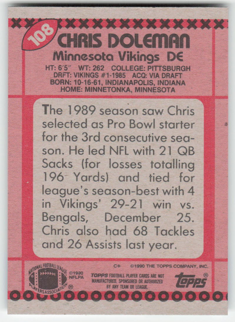 1990 Topps #108 Chris Doleman Minnesota Vikings FB1-64