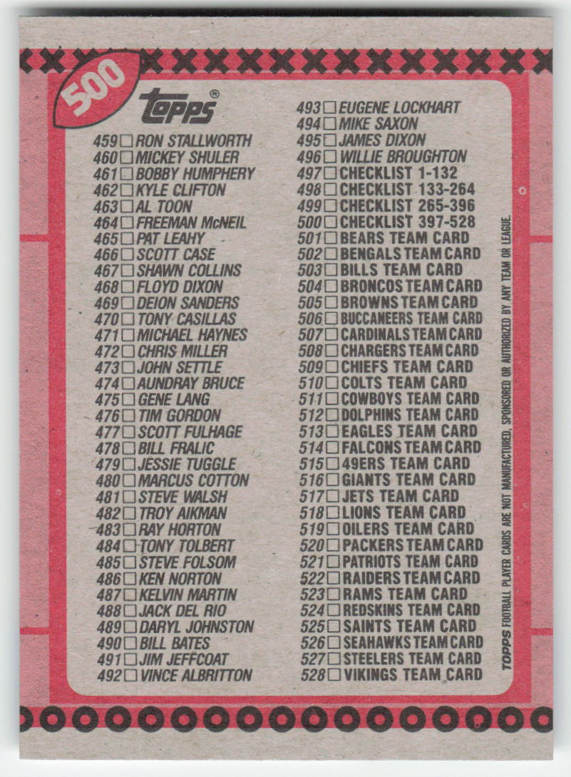 1990 Topps #500b Checklist: 397-528 FB1-65
