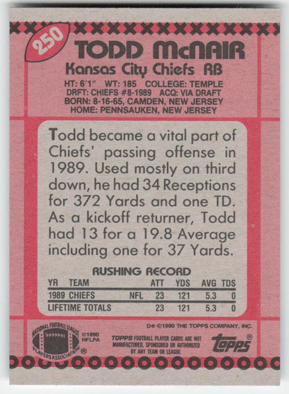 1990 Topps #250 Todd McNair Kansas City Chiefs Rookie FB1-66
