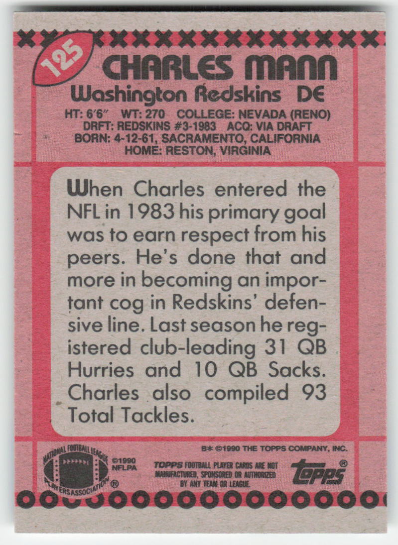 1990 Topps #125 Charles Mann Washington Redskins FB1-67