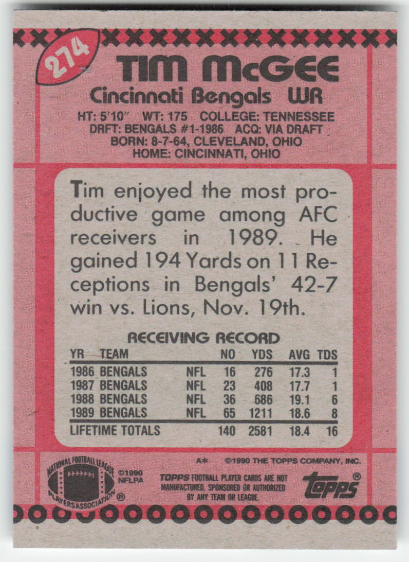 1990 Topps #274 Tim McGee Cincinnati Bengals FB1-68